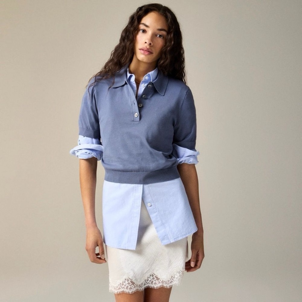 J.Crew Egyptian Cotton Short Sleeve Collared Cropped Sweater Polo Blue Preppy M